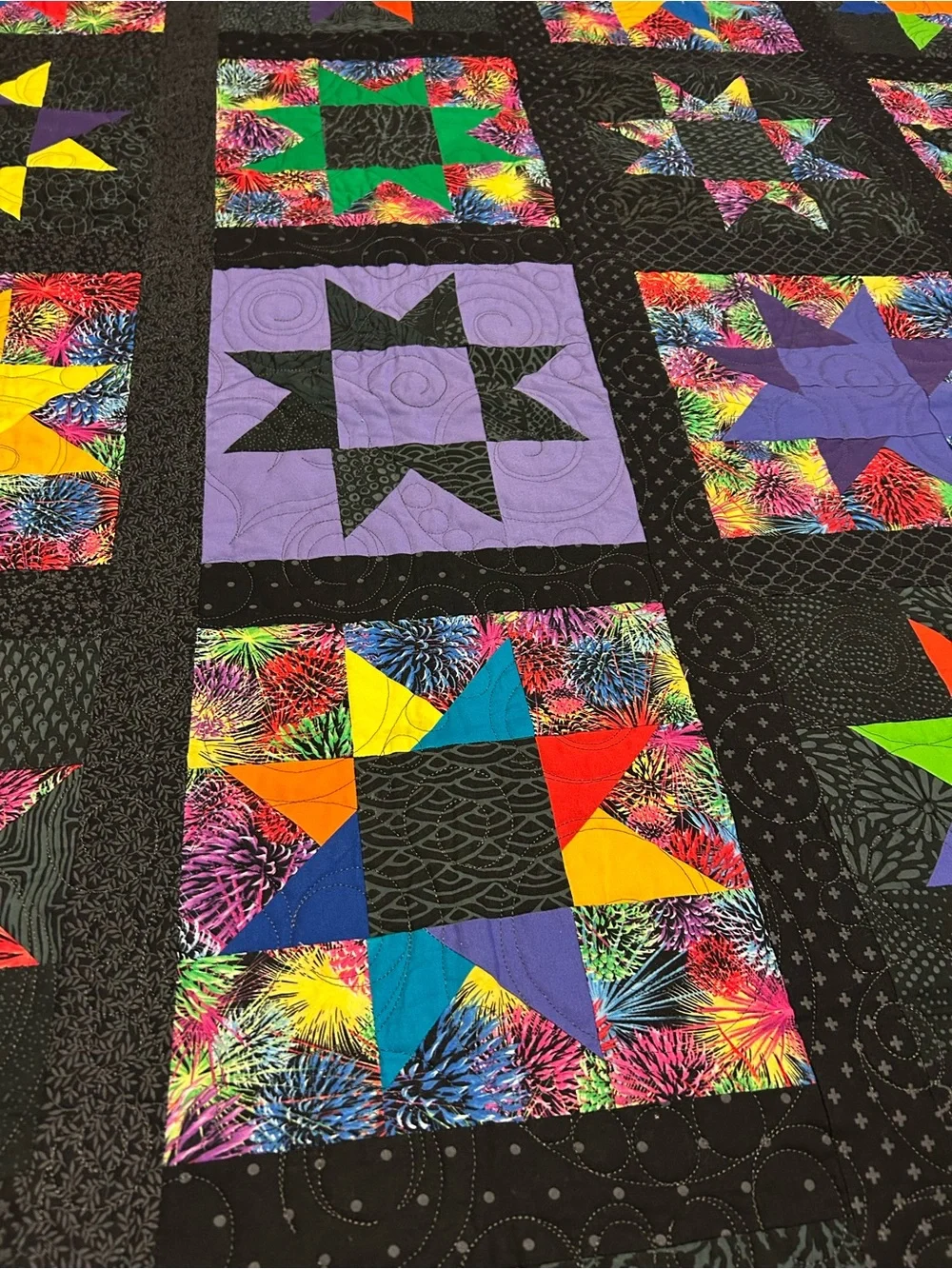 ONE OF A KIND - HANDCRAFTED Black Patchwork Star Quilt with Multicolor Accents